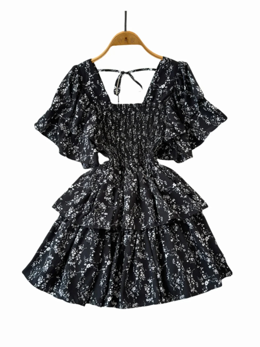 Design Summer Ruffle Sleeve Retro Pleated Floral Skirt