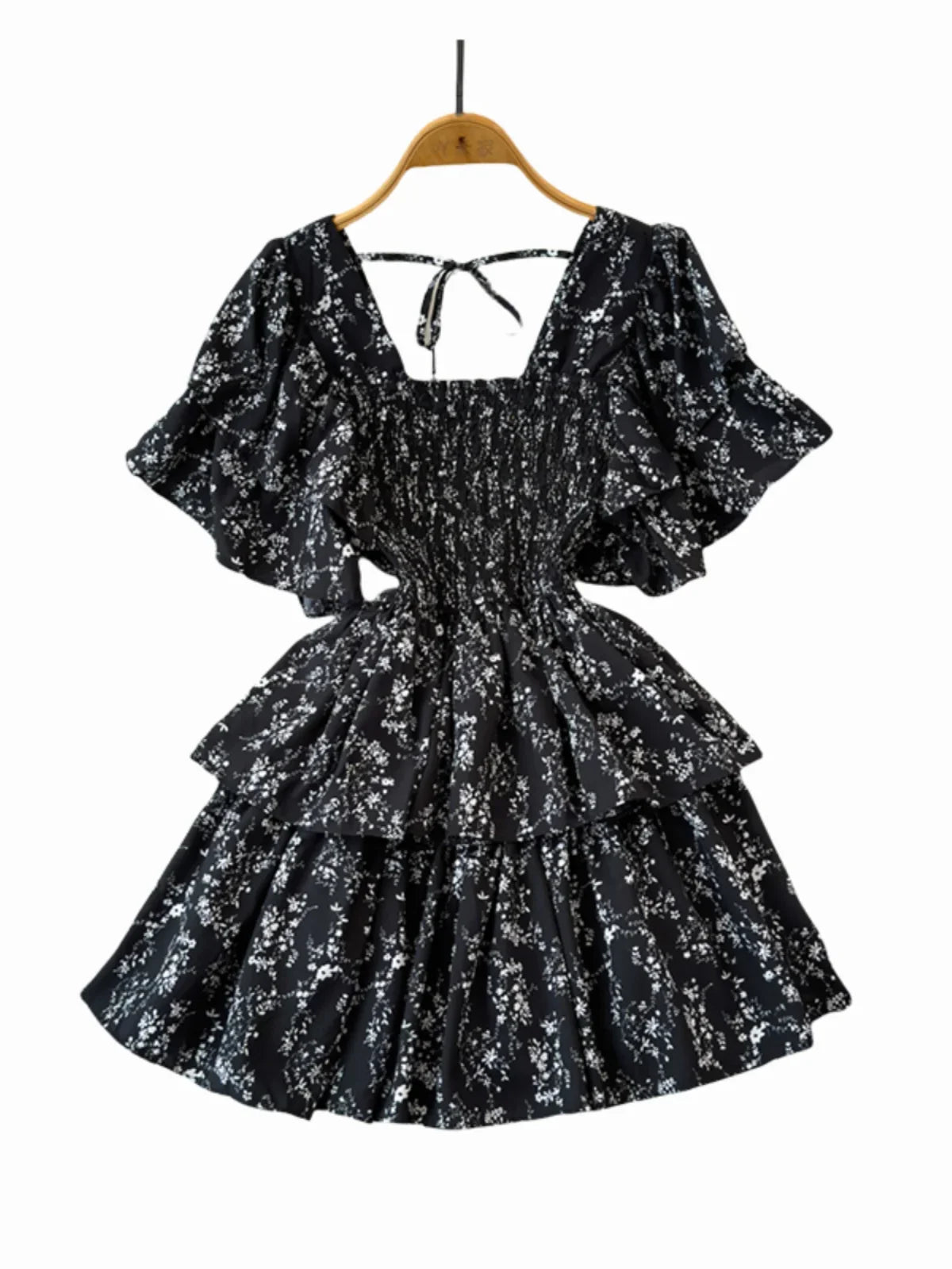 Design Summer Ruffle Sleeve Retro Pleated Floral Skirt