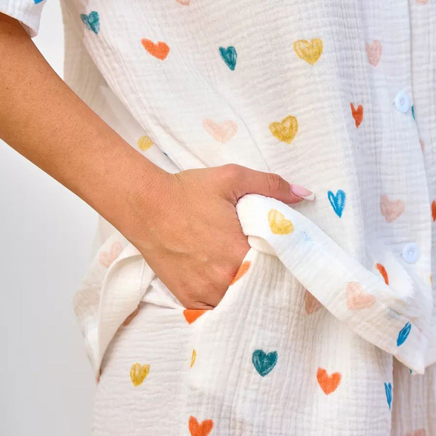 Summer Layer Crepe Heart Printing Pajamas Two Piece Cardigan Half Sleeve Shorts Women Homewear Bella Mia