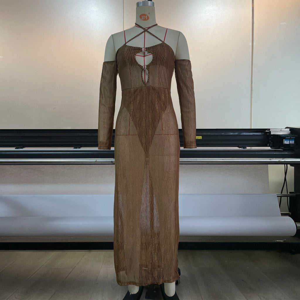 Spring Summer Mesh Halter Dress Women Blouse See through Sexy Cutout Stitching Hip Maxi Dress Bella Mia