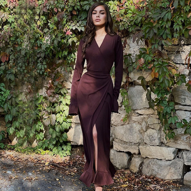Women Clothing Autumn Winter Sexy V neck Slim Fit Slit Bell Sleeve Dress Bella Mia