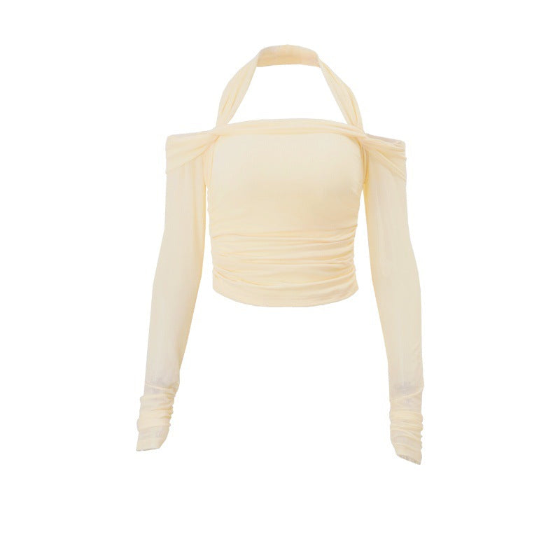 Women Clothing Autumn Sexy off Neck Solid Color Halter Cropped Long Sleeve Top for Women Bella Mia