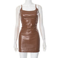 Sexy Women Clothing Solid Color Sleeveless Strap Leather Tight Sexy Short Dress Bella Mia