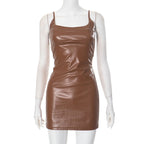 Sexy Women Clothing Solid Color Sleeveless Strap Leather Tight Sexy Short Dress Bella Mia