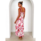 Spring Summer Floral Printed Sling Smocking Elastic Waist Knotted Shoulder Strap Large Swing Dress Long Bella Mia