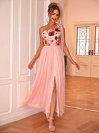Summer Women Sexy Floral Embroidery One Shoulder Furcal Lower Hem Evening Dress Bella Mia