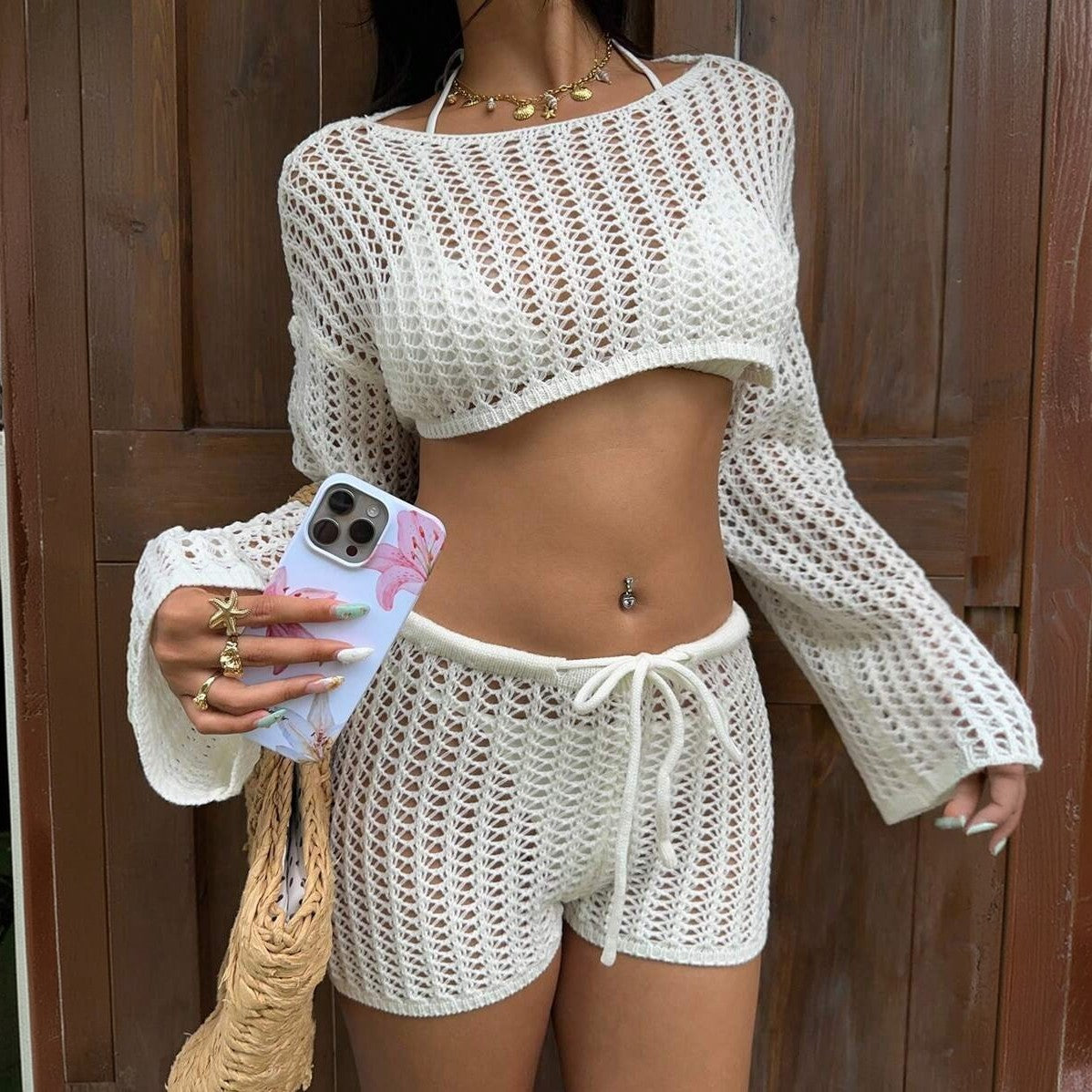 Solid Color Sexy Cutout Knitted Beach Bikini Swimsuit Blouse Sun Proof Set Bella Mia