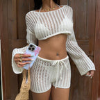 Solid Color Sexy Cutout Knitted Beach Bikini Swimsuit Blouse Sun Proof Set Bella Mia