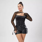 Club Wear Micro Elastic Satin Mesh Stitching Bone Hollow Out Cutout Zipper Sexy Short Top Bella Mia