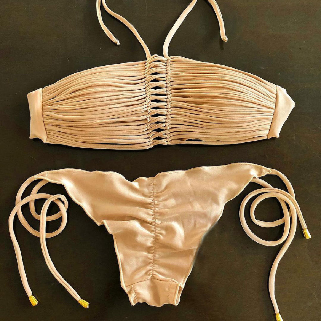 Solid Color Tube Top Strap Pleating Bikini Sexy Split Swimsuit Women Bella Mia