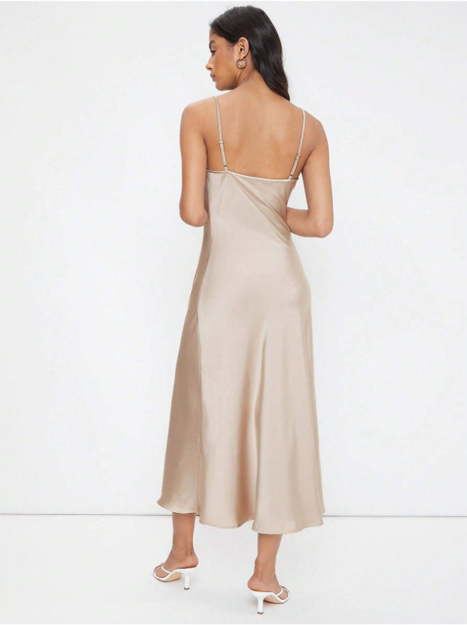 Women Clothing Spring Summer Satin Sling Deep V Plunge neck Slim Solid Color Dress Bella Mia