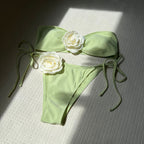 Color Matching Rose Tube Top Lace up Drawstring Strap Split Swimsuit Bikini Bella Mia