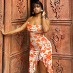 Women Clothing Summer Printed Sexy Backless Slit Lace Sling Dress Bella Mia