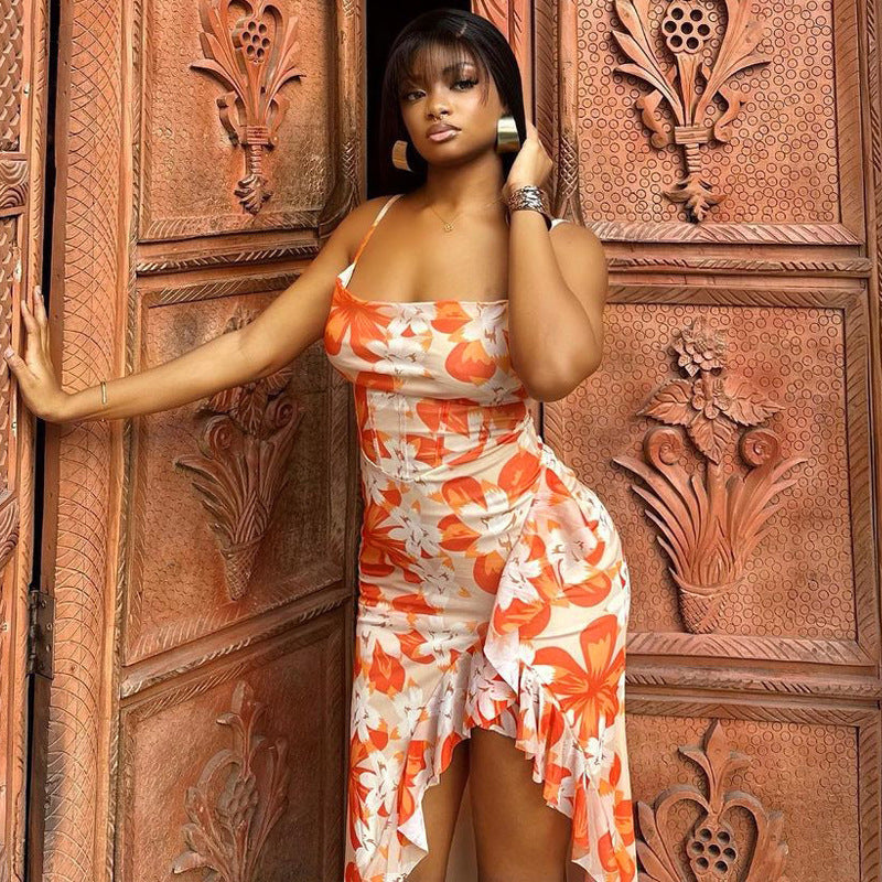 Women Clothing Summer Printed Sexy Backless Slit Lace Sling Dress Bella Mia