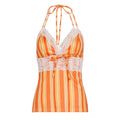 Beach Vacation Plaid Contrast Color Lace up Halterneck Sling Summer Lace Stitching Bow Top