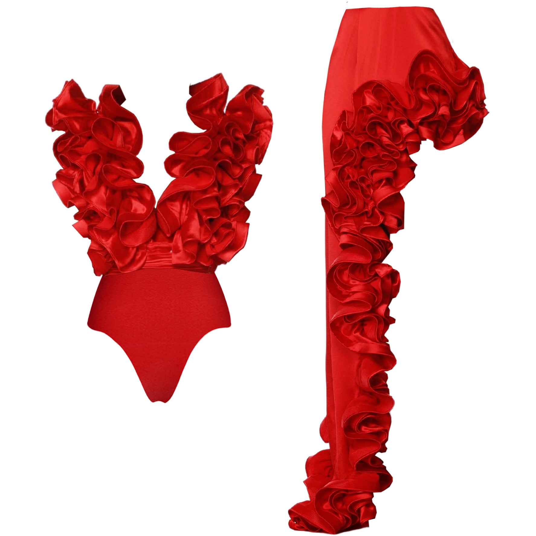 Popular Red Deep V Plunge Sexy Heavy Industry Lace One Piece Swimsuit Set for Women Bella Mia