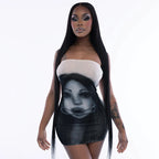 Women Clothing Summer Dark Face Printing Sleeveless Tube Top Slim Fit Sheath Dress Bella Mia