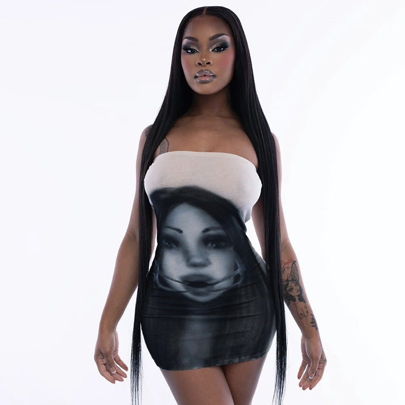 Women Clothing Summer Dark Face Printing Sleeveless Tube Top Slim Fit Sheath Dress Bella Mia