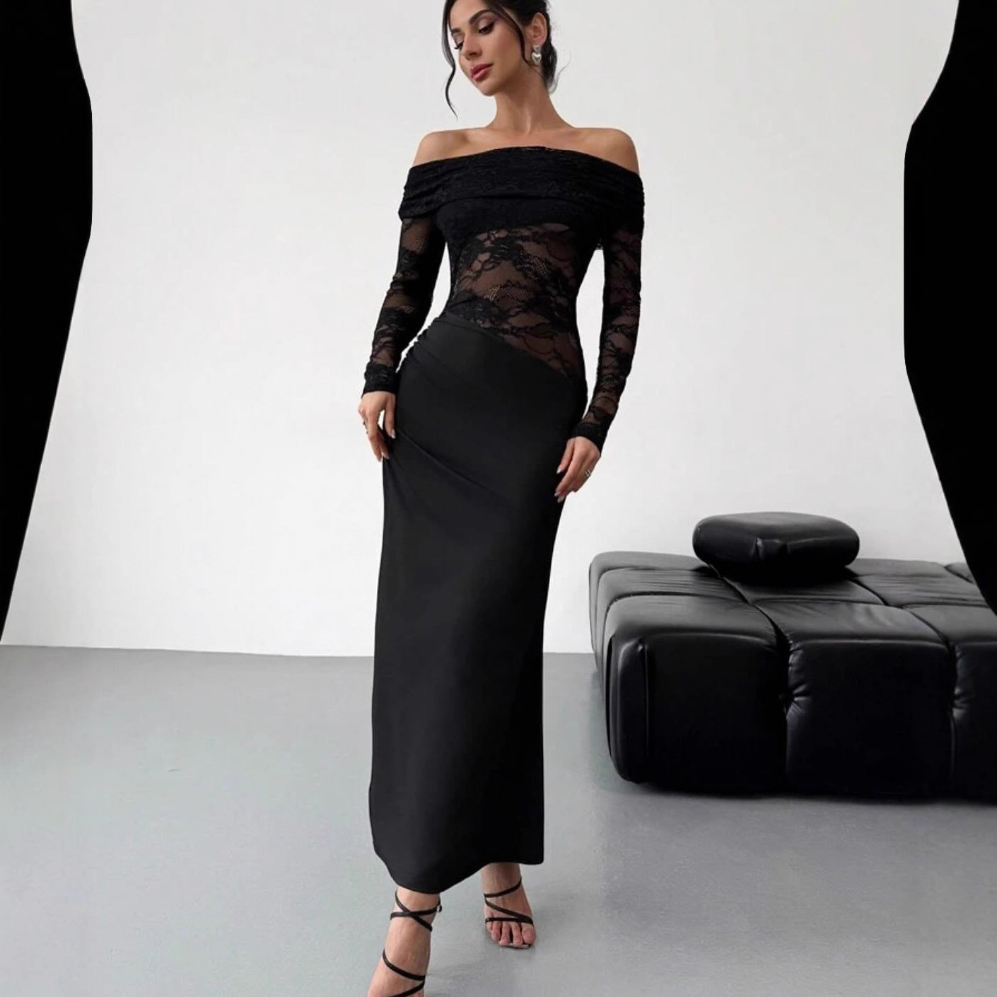 Hollow Out Cutout out Summer off-Shoulder Lace Maxi Dress Long Sleeve High Grade Sexy Sheath Dress Women Clothing Bella Mia