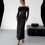 Hollow Out Cutout out Summer off-Shoulder Lace Maxi Dress Long Sleeve High Grade Sexy Sheath Dress Women Clothing Bella Mia