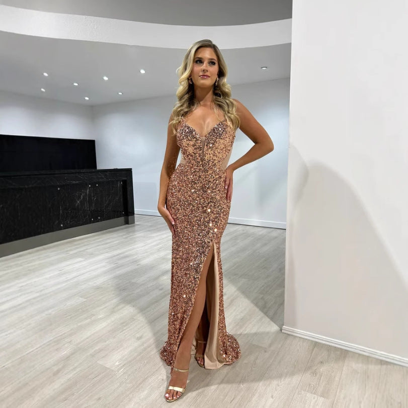 Sequined Split Sexy Sling Dress Waist Controlled Cocktail Dress Slim Fit Maxi Dress Bella Mia