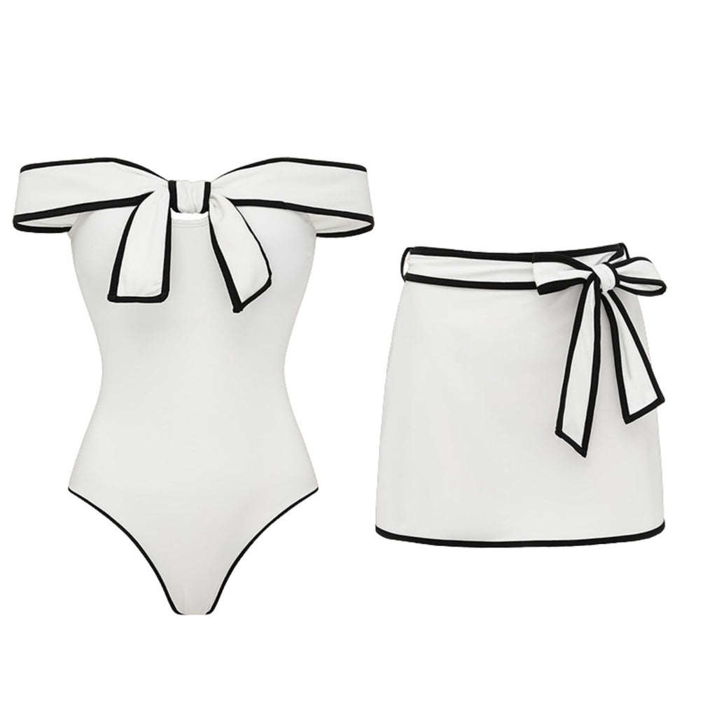Swimsuit Black White Color Matching Sweet Girl Bow Swimsuit Women White Skirt Bella Mia