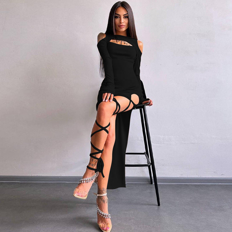 Sexy Leggings Split Dress Autumn Women Clothing Solid Color Long Sleeve Hollow Out Cutout Dress Bella Mia