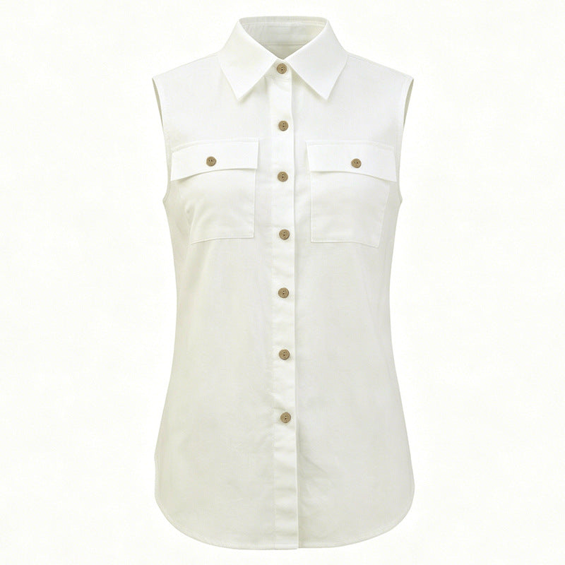 French Casual Cotton Linen Sleeveless Shirt Women Summer Collared Double Pocket Loose Shirt Vacation Top