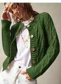 Twist Knitted Cardigan Women round Neck Slim Fit Cropped Sweater Coat Green Autumn Winter