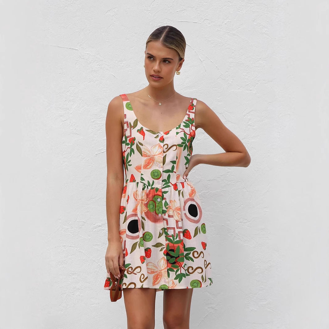 Summer Mini Dress Same Print Button Cardigan Mini Dress