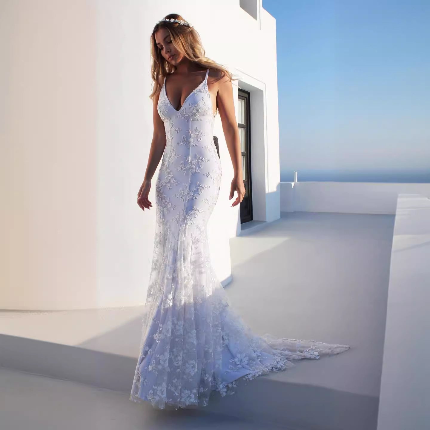 Women Sexy V neck White Cami Maxi Dress Bella Mia