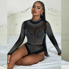 Sexy Underwear Mesh Rhinestone Sexy Long Sleeve Tight Jumpsuit Women Hollow Out Cutout out See through Seduction Pajamas Bella Mia