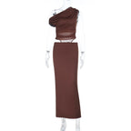Off Shoulder Mesh Stitching Hollow Out Cutout Dress Women Sexy Slim Fit Maxi Dress Bella Mia