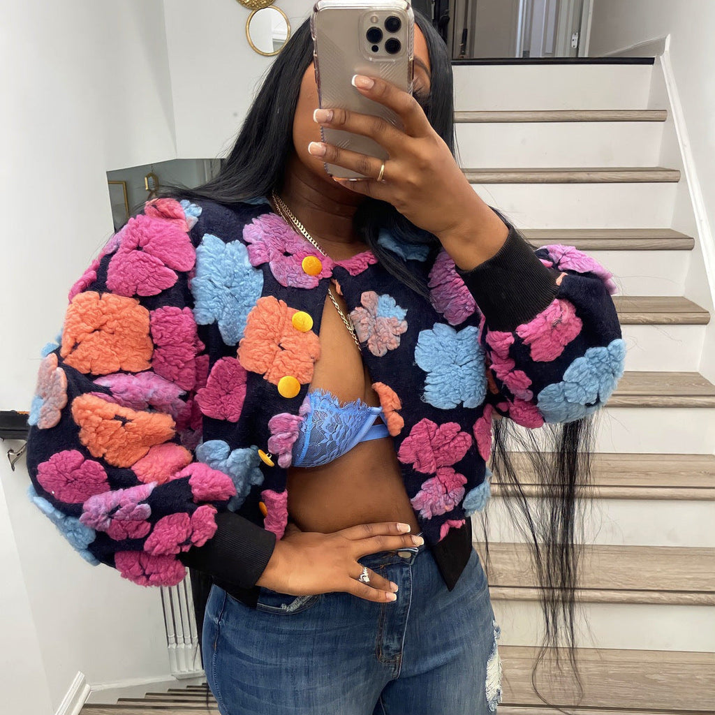 Autumn Winter Retro Three Dimensional Floral Loose Single Breasted Cardigan Short Coat Trend Women Clip 3D Rose Bella Mia