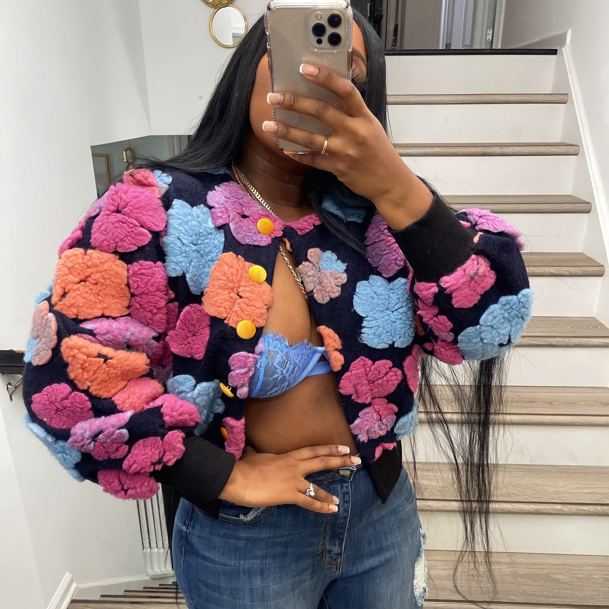 Autumn Winter Retro Three Dimensional Floral Loose Single Breasted Cardigan Short Coat Trend Women Clip 3D Rose Bella Mia