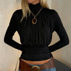 Dark Sexy Black with High Collar Long Sleeve Casual Top Short Waist Controlled Slimming Long Sleeve T shirt Women Autumn Bella Mia