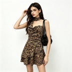 Leopard Print Halter Dress Backless Waist Trimming Ruffled Sexy Small Slim Dress Bella Mia