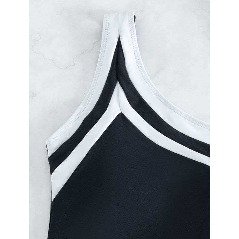 One Shoulder Color Block Jumpsuit Women Cover Belly Conservative Bikini Beach Spring Swimsuit Bella Mia
