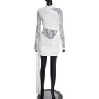 Women Clothing Autumn Winter Solid Color Stitching Lace round Neck Slim Fit Long Sleeved Ribbon Short Dress Bella Mia