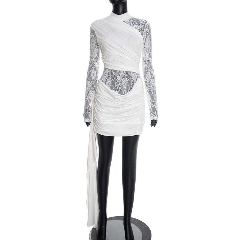 Women Clothing Autumn Winter Solid Color Stitching Lace round Neck Slim Fit Long Sleeved Ribbon Short Dress Bella Mia