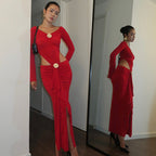 Graceful Women Metal Decorative Long Sleeved Jumpsuit Split Skirt Long Skirt Hollow Out Cutout out Cropped Two Piece Set Bella Mia