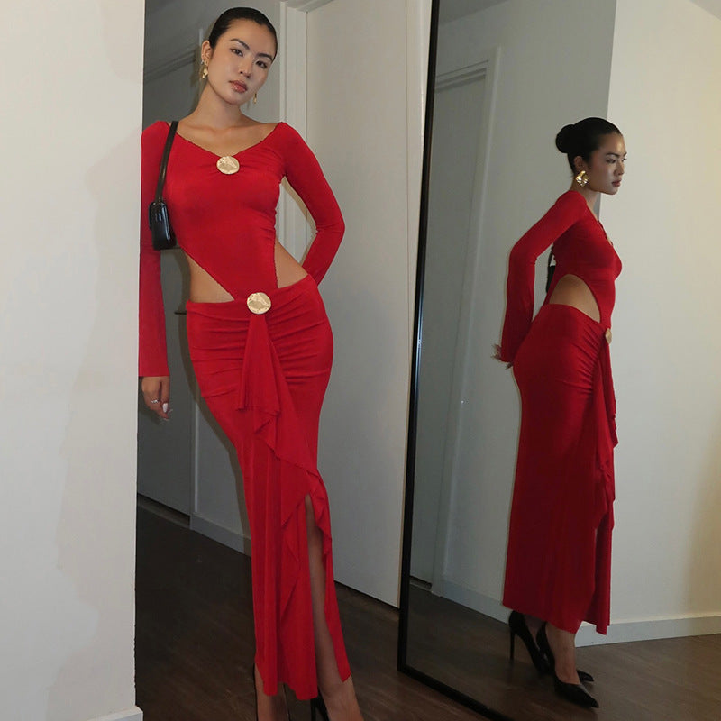 Graceful Women Metal Decorative Long Sleeved Jumpsuit Split Skirt Long Skirt Hollow Out Cutout out Cropped Two Piece Set Bella Mia