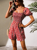 Romper Solid Color Bubble Sleeve Square Collar Backless Elastic Waist Jumpsuit Bella Mia