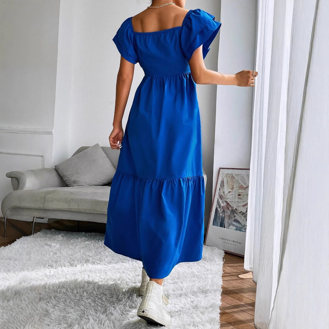 Women Clothing Ruffled A line Dress off Neck Flying Sleeves Solid Color Long Dress