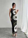 Spring Summer Women Black Mesh Floral Print Sleeveless Maxi Dress