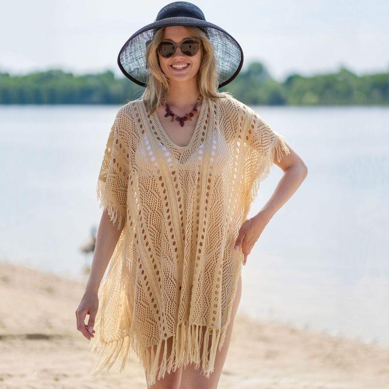 Apricot Color Knitted Beach Cover-up Sexy Tassel Hollow Out Cutout Holiday Sun Protection Shirt Bikini Cover Bella Mia