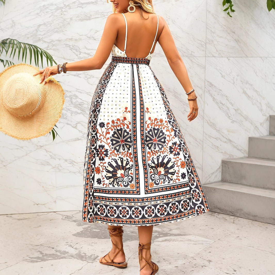 Backless Cami Dress Bohemian Ethnic Positioning Printing Vacation Casual Internet Influencer Long