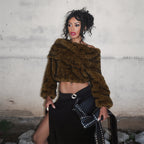Fall Women Clothing Sexy Exposed Cropped off Shoulder Loose Comfortable Plush Top Bella Mia
