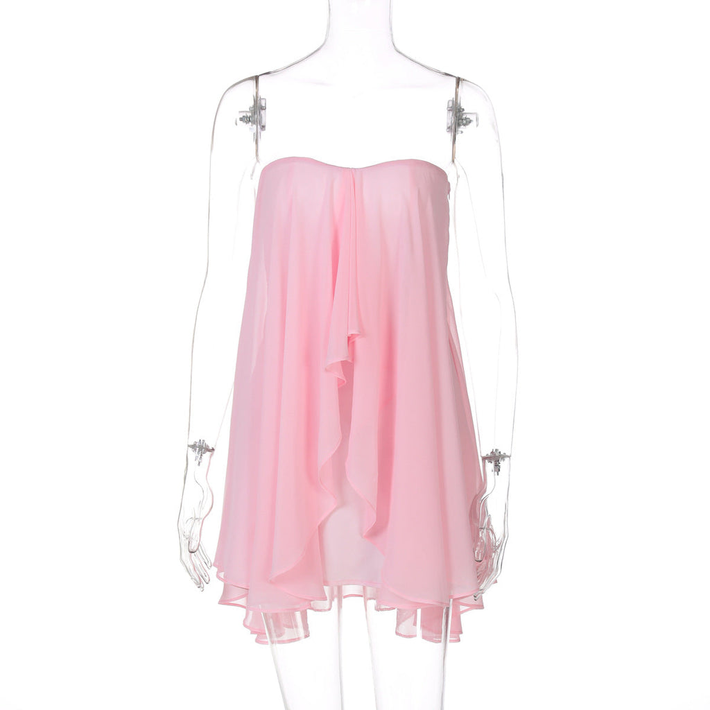 Summer Sexy Tube Top Irregular Asymmetric Laminated Solid Color Layered Street Mesh Dress Bella Mia