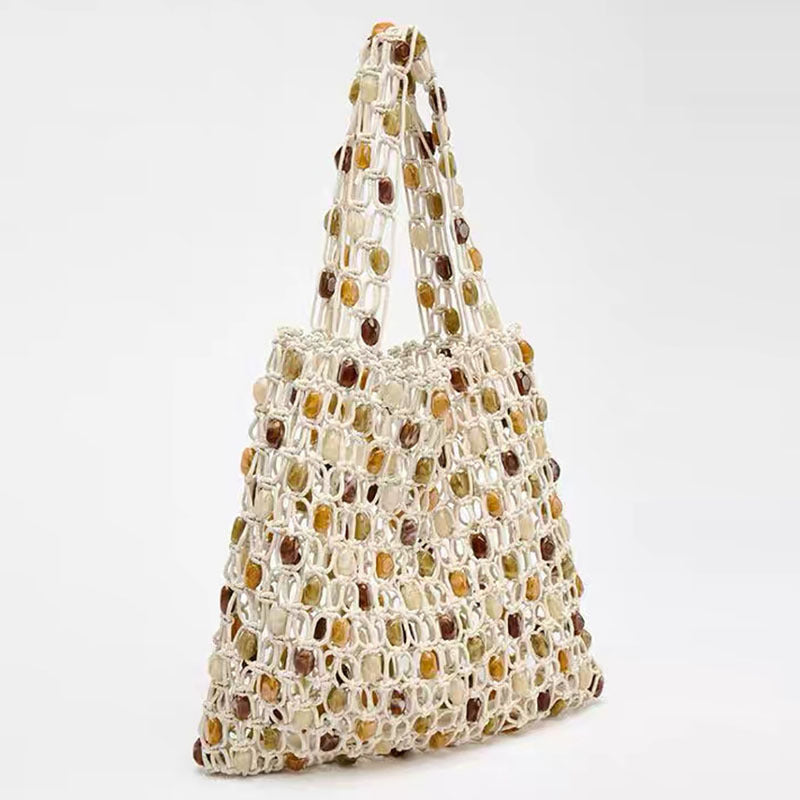 Summer Casual Beaded Bag Women Special Interest High Sense Woven Bag Plaid Hollow Out Cutout Wooden Bead Beach Bag Bella Mia